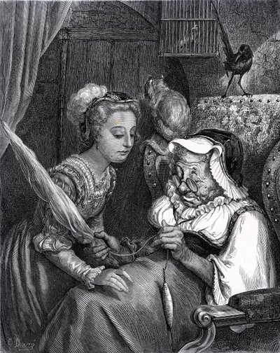 La bella addormentata: Principessa e Fata Spite nella torre da Gustave Dore